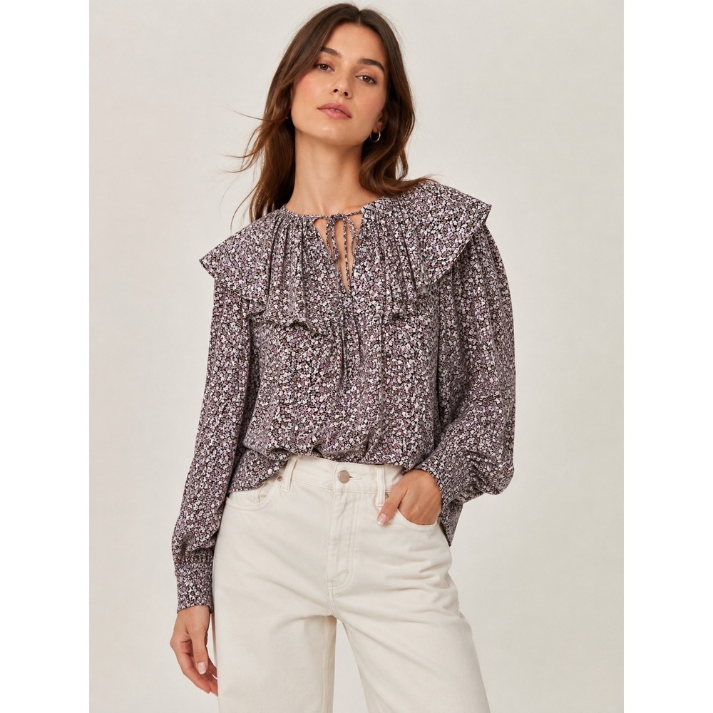 H&M Womens Floral Ruffle Collar‎ Tie Neck Blouse Purple Pink Medium Long Sleeve